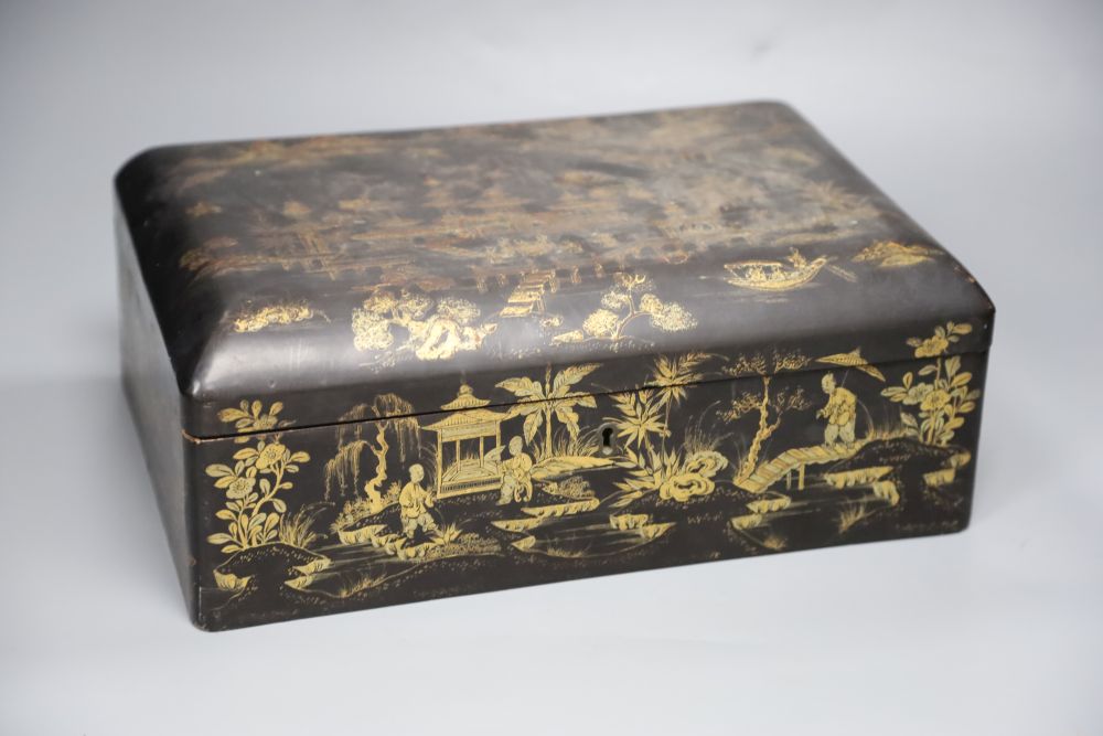 A 19th century Chinese lacquer sewing box, with ivory sewing items